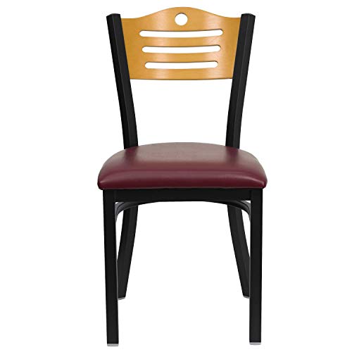 Image of Flash Furniture HERCULES Series Black Slat Back Metal Restaurant Chair - Natural Wood Back, Burgundy Vinyl Seat