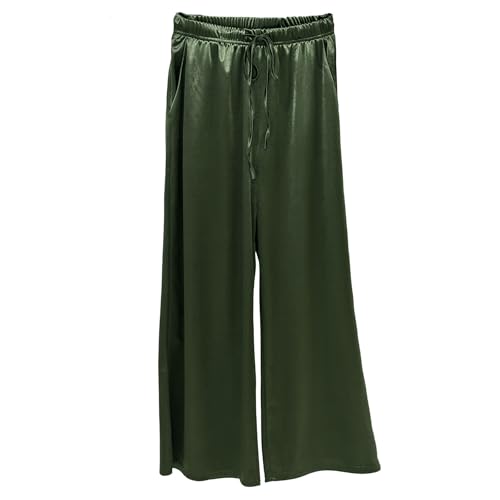 Cotilafi Women's High-Waisted Wide Leg Trousers, Silk Blend Casual Satin Pants, Loose Comfort Fit Straight Leg Design Green