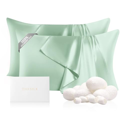 Image of THXSILK Set of 2 100% Mulberry Silk Pillowcase for Hair and Skin Health, 22 Momme Soft and Smooth Pillowcases with Hidden Zipper, Both Sides Premium Grade 6A+ Silk, Standard 20 inchx26 inch, Turquoise Green