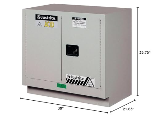 Image of Justrite Acid Corrosive Storage Cabinet - 23 Gallon 2 Door Self Close Chemical Storage Cabinet with ChemCor Coating - 22 inch x 36 inch x 36 inch - Made in The USA - Silver - 8837242