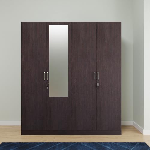 Image of VIKI Wardrobe | Wooden Almirah for Clothes,Door for Bedroom, 4 Door Wardrobe with Shelves, Mirror & Hanging Space (Dark Wenge - 40D x 160W x 180H) | 1 Year Warranty | Free Assembly