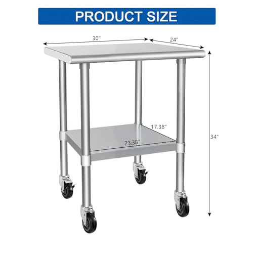 Image of HARDURA Stainless Steel Table with Wheels 24 x 30 Inches Casters NSF Heavy Duty Commercial Work & Prep Table with Undershelf and Galvanized Legs for Restaurant Kitchen Bar and Hotel Garage