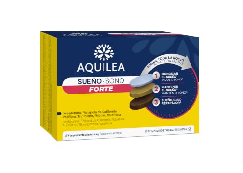 AQUILEA | Sueño Forte | Descanso | 60 comprimidos - Tecnología Tricapa | Sin Gluten, Sin Lactosa, Sin azúcar añadido | Pasiflora, Amapola de California, Valeriana y Melisa | Vitamina D y Vitamina B6