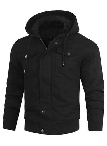 HOOD CREW Men’s Casual Winter Jackets Thick Cotton Warm Fleece Lined Coats Multi Pockets Cargo Work Jacket with Hood4