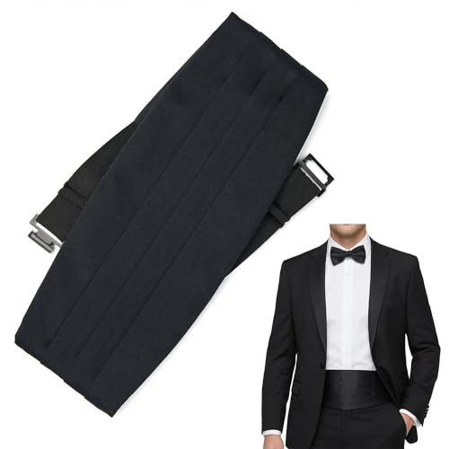 BLPRKOT Cinturón de smoking para hombre negro, ajustable hasta 122 cm de cintura, talla única, con 4 pliegues clásicos, elegante y sofisticado, accesorio ideal para bodas, galas y eventos formales