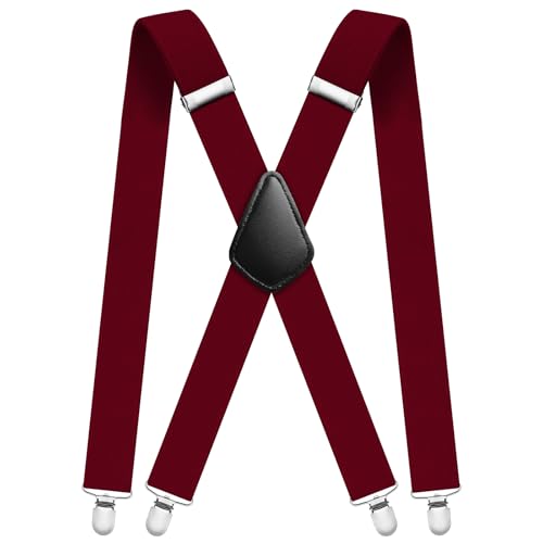 Aomig Hosenträger für Herren Hosenträger Herren Stark Breit 3,5 Cm mit Sehr Starken 4 Metall Clips Länge Einstellbar Elastisch Einheitsgröße Hosenträger Männer Damen Breit Lang X Style (Burgunderrot)