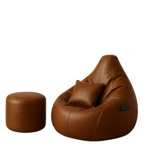 Image of Bean Bag Cover | Gaming Seat with Side Pocket | Premium Leatherette, Washable Cover, Double Stitching | for Lounge & Bedroom | Cover Only (Free Pillow & Footrest, No Beans) (Brown, XXL)