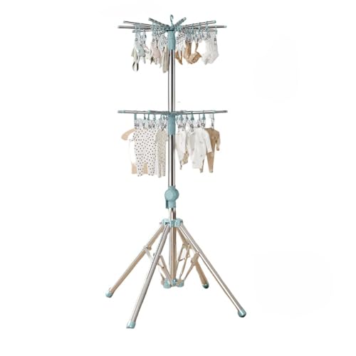 Vifxucy 折りたたみ物干しラック 三脚物干しラック パラソル型 室内物干しラック 折り畳み式 大勢で干せる コンパクト 省スペース 高さ調節可能 安定した正方形 伸縮式 家庭用タオル干しラック バルコニー物干しラック (ブルー,二層)