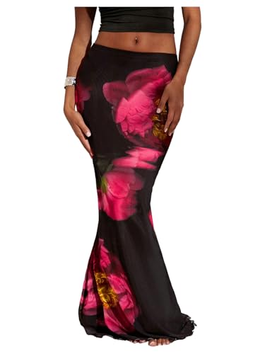GORGLITTER Women's Mesh Sheer Long Skirts Low Waist Floral Lettuce Trim Fishtail Flowy Bodycon Maxi Skirts