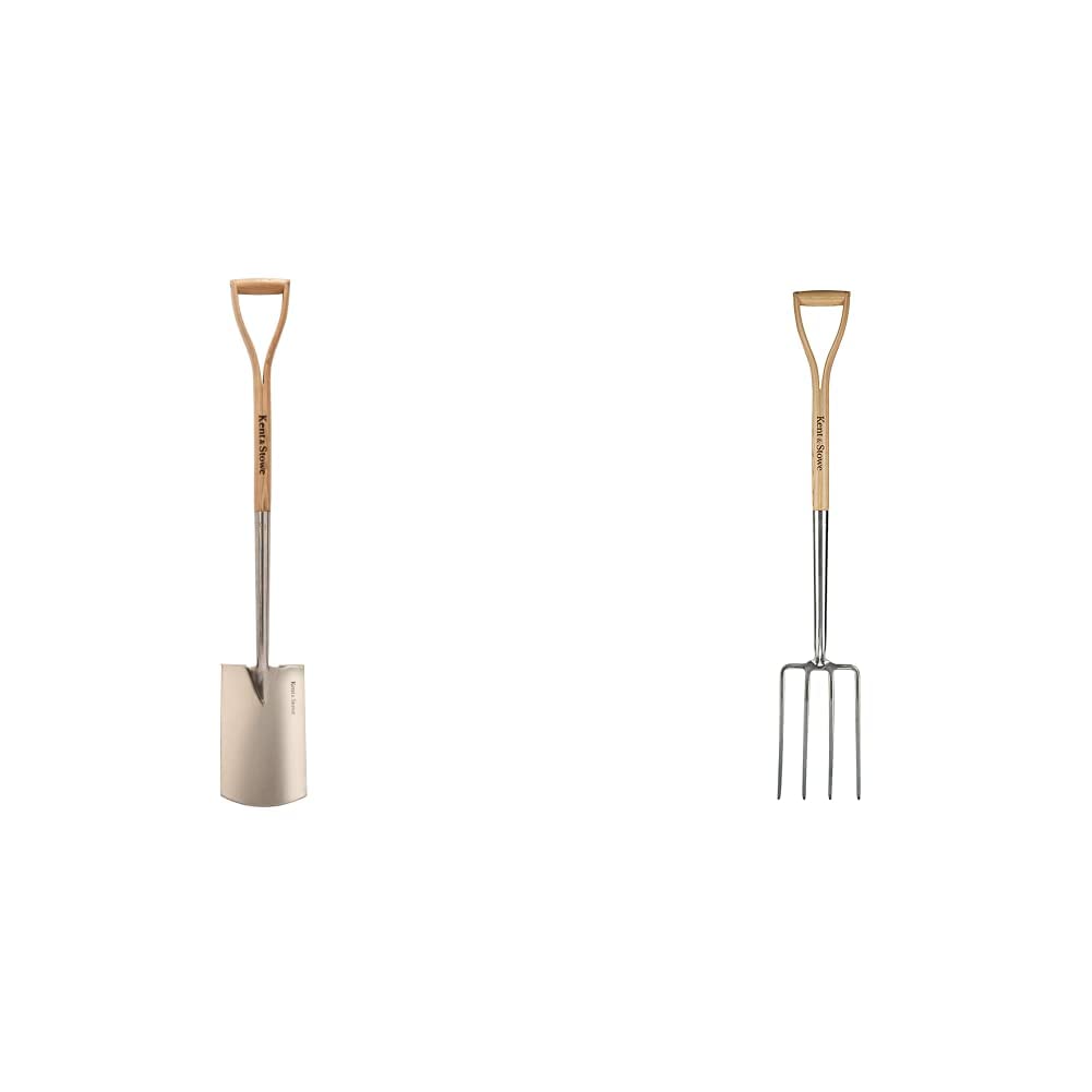 Kent & Stowe Gärtnerspaten, Länge: 110 cm & Spatengabel – Garten-Forke zum Umgraben aus Edelstahl, für große Bodenflächen, Heugabel mit Stiel aus Eschenholz, Länge: 110 cm