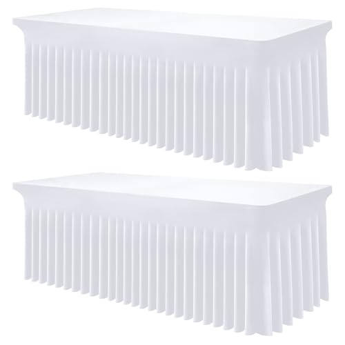 Image of Smiry 2 Pack Spandex Elastic Fitted Table Cloth Skirt for 4FT Table | Stretch Washable Table Cloth, Banquet Table Cover for Wedding, Party, Indoor & Trade Shows, (White, 48Lx30Wx30H)
