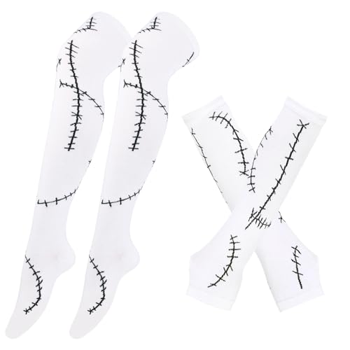Image of SherryDC Womens Girls Cosplay Rainbow Striped Knee High Socks Leg Arm Warmer Fingerless Gloves Set