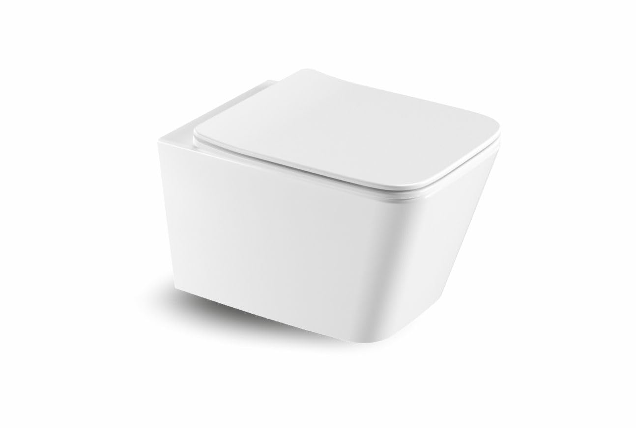 WC Suspendu au Mur avec Abattant à Fermeture Douce et Couvercle Ultra-Fin – Cuvette de Toilette Square Design Flottante en Céramique de Haute Qualité (Without Bidet)