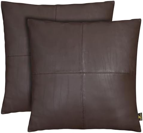 TOMJACK Lambskin Leather Pillow Cover - Decorative Sofa Cushion Case - Throw Covers for Living Room & Bedroom, 18" x 18" - Rover Brown Box Pack of 2