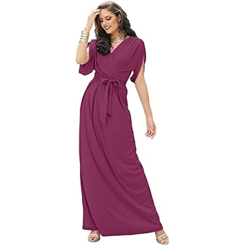 KOH KOH Plus Size Womens Long Formal Short Sleeve Cocktail Flowy V-Neck Casual Bridesmaid Wedding Party Guest Evening Cute Maternity Work Gown Gowns Maxi Dress Dresses, Fuchsia Magenta Pink 2XL 18-20 Cover