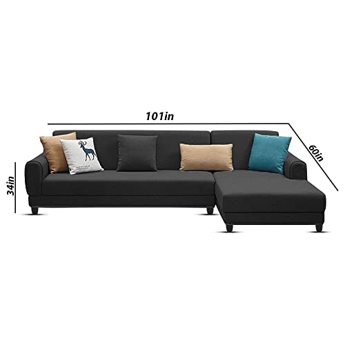 Image of Kraven RHS 6 Seater L Shape Sofa Set for Living Room (Black Fabric)