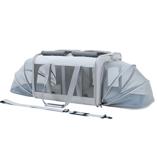 Fiyyuga 猫 キャリーバッグ 折りたたみ 拡張 ケース 軽量 通気性が良い 移動便利 小型犬 小動物 旅行 ポータブルケージ ペット用 (ライトグレー,-拡大)