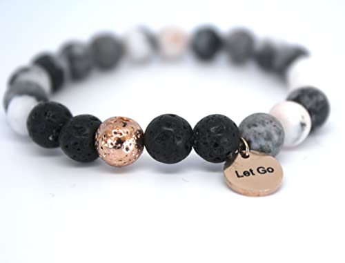 Set Of 2 Inspirational Bracelets For Women, Stress Anxiety Relief Gift, Yoga Beads Bracelet, Natural Healing Stones And Lava Rock Stretch Bracelet For Essential Oil Diffuser - Believe And Let Go Inspirational Charms, No Oil #TOP2