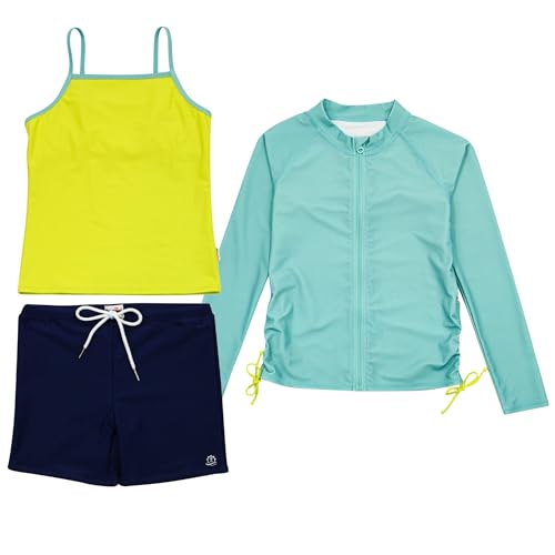 Image of SwimZip Girls' 3 Pc Swim Set w /Long Sleeve Rash Guard, Tankini & Shorts UPF 50+