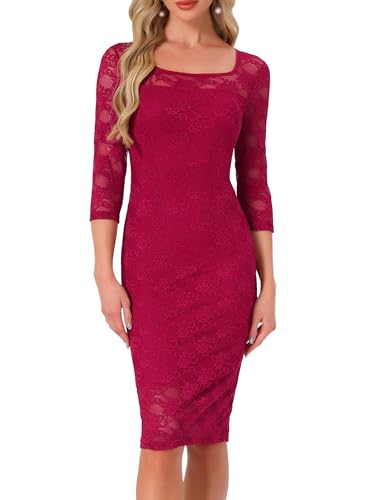 Image of Allegra K Lace Dress for Women's Elegant 3 /4 Sleeve Square Neck Bodycon Cocktail Dresses