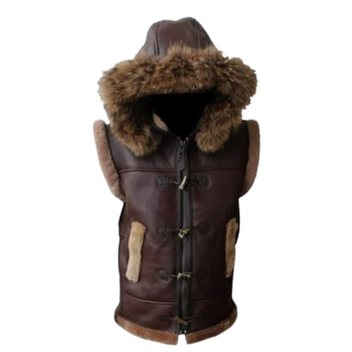 Men’s Aviator RAF B3 Shearling Sheepskin Leather Bomber Jacket Hooded Fur Vest (US, Alpha, One Size, Regular, Regular, X-Large, Brown)