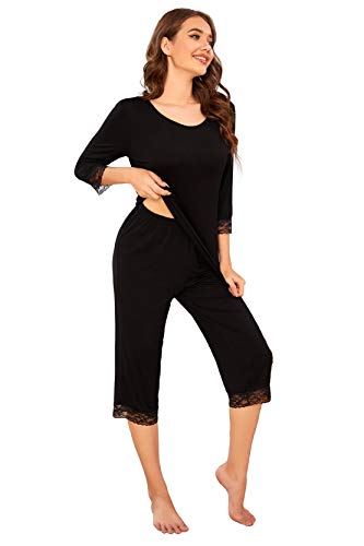Ekouaer Women's Sleepwear Knit 3/4 Sleeve Top and Capri Pants Pajamas PJ Set Black XXL