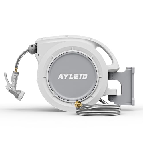 Image of Ayleid Retractable Rubber Hybrid Garden Hose Reel, 1 /2 inchx100ft Wall Mount | Anti-freeze, kink-free premium rubber hybrid hose, 24-month warranty, 9-pattern sprayer, any-length lock, slow auto-return.