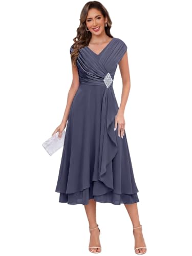 Cap Sleeve Mother of The Bride Dresses for Women Chiffon Ruched Formal Gown
