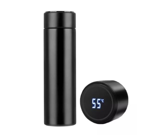 Stainless Steel Water Bottle With Led Temperature Display, Double Wall Vacuum Insulated Water Bottle (Pure Black), 500 ML