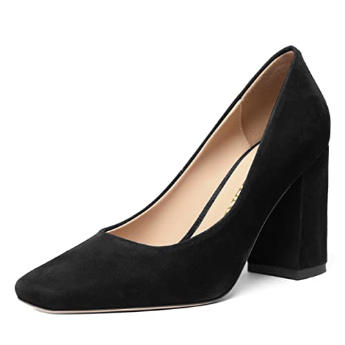 FOGEENA Womens Square Toe Suede Leather Dress Slip On Wedding Block High Heel Pumps Shoes 3.34 Inch