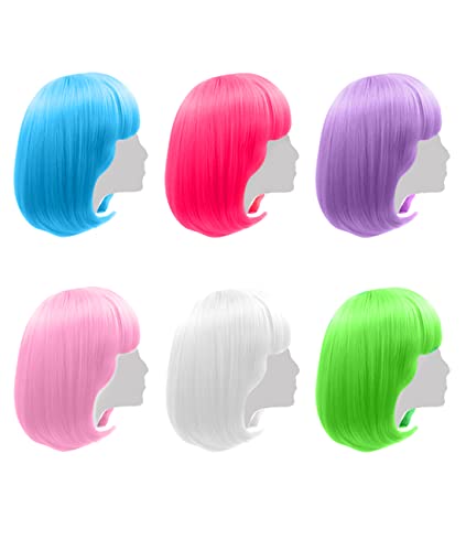Colored Wigs 6 Pack , Short Bob Hair Wigs Neon Colorful Party Wigs With With Rimless Heart Shape Sunglasses For Women Girls Cosplay Costume Party Holiday Bachelorette Night Club (Pink Blue Green Purple White Hot Pink) #TOP5