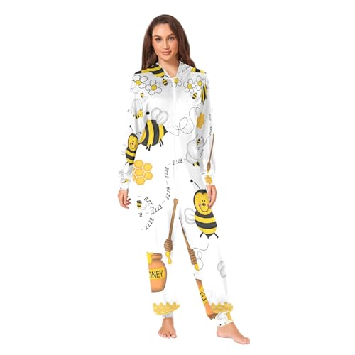 Poeticcity Couples Matching 1 PC Pajama, Unisex Soft Fleece Zip Up Hooded Pjs Jumpsuit Sleepwear Playsuit Lounge-wear(XXL) Flying Bee Honeycomb Honey White Flowers Seamless on White