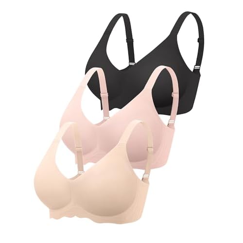 Jelly Bras for Women - S-2XL Wireless Seamless Padded Bralette with Support, No Underwire Comfortable T-Shirt Bra Scalloped Underband X-Large Skin+bla