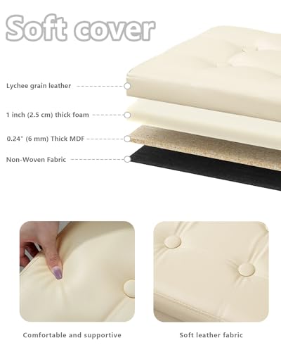 Image of Bsketa Storage Ottoman Bench,17 Inch Folding Leather Foot Rest Stool,Beige | Ottoman with Storage, Thicker Foam Padded Seat, Living Room, Dorm, Bedroom, Load 330 lbs, Easy to install,17x13x13in