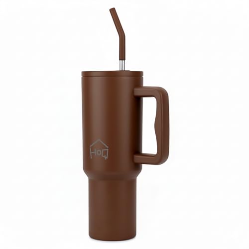 Image of House of Quirk 1200ML Stainless Steel Tumbler with Handle & Lid, 2 Straws - Large Travel Mug Water Cup for Gym, Office & Outdoor Use (Chocolate)