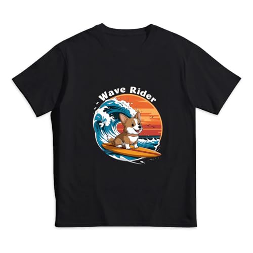 Cute Corgi Surfing on The Great Waves Off Kanagawa Black T Shirt Kids for 2-12 Years Old Children