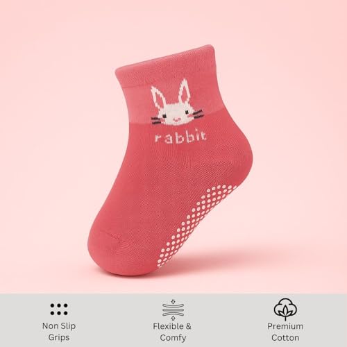 Image of Baby Girl Socks Anti Skid Pack of 4 | Cotton Non Slip Grip Baby Socks for Newborn Babies & Infants | Soft Breathable Baby Socks 0-3, 3-6, 6-12 Months