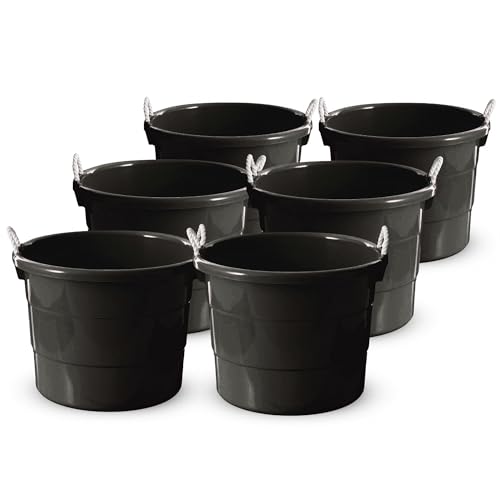 HOMZ 6-Pack Utility Tub, Large Plastic Storage Bucket with Rope Handles, 17 Gallon, Black - Portable Indoor and Outdoor Buckets for Kitchen, Laundry, Garden, Bathroom, and Garage Organization