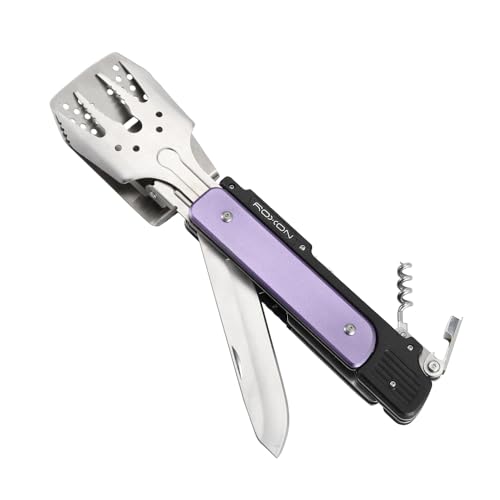 Image of ROXON S601 14 inch 6 in 1 MBT3 Folding Grill Utensils Set Fork Spatula Grilling Knife Tongs Opener for Backyard Barbecue and Camping (Purple)