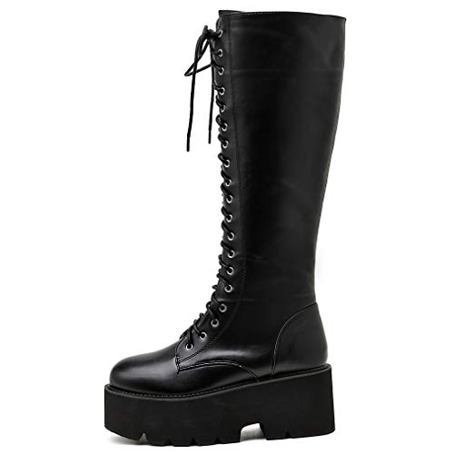 Image of Parisuit Women's Knee High Goth Platform Boots Lace Up Combat Boots
