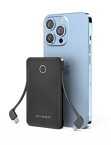 6000mah Ultra Slim Built in Cables Power Bank, Card Size Built in USB C Cords Battery Pack Portable Charger for Phones, 3 Output External Battery Pack Compatible with iPhone, Samsung, Deep Black