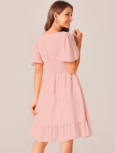 Image of Seta T Women's Summer Chiffon Dresses Smocked V Neck Flutter Short Sleeve Flowy Casual Dress with Pockets