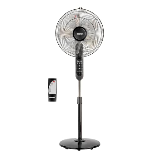 GEEPAS 16’’ Pedestal Fan with Remote Control – 60W Powerful Free-Standing Oscillating Cooling Fan – Height Adjustable, 7.5 Hour Timer - 3-Speed, 5-Blade Air Cooling Floor Fan Home Office (Black)