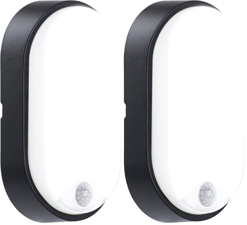 Luceco Eco Luz LED Exterior de Mamparo con Sensor de Movimiento PIR, Iluminación Exterior Decorativa, Ovalada, Negra, IP54, 10W, 700lm, 4000K, EBEO10P40 (Paquete de 2)