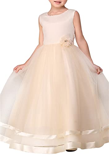 YMING Girls Wedding Party Princess Dress Sleeveless Lace Tutu Dress Tulle Prom Maxi Gown with Flower2