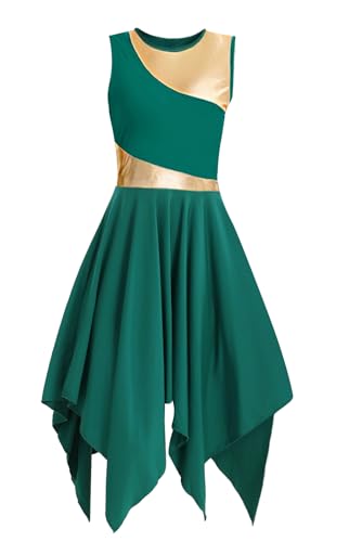 Image of TLMNU Women's Praise Cinched Waist Dance Dress, Sleeveless Irregular Hem Worship Dance Lyrical Dress, 002-dark Green, S