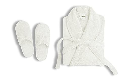 100% Cotton Terry Bathrobe and Slipper Set |Spa Robe,Pool,Soft,Lightweight,Absorbent,Unisex Bathrobes for Men and Women (Small-Medium, White)