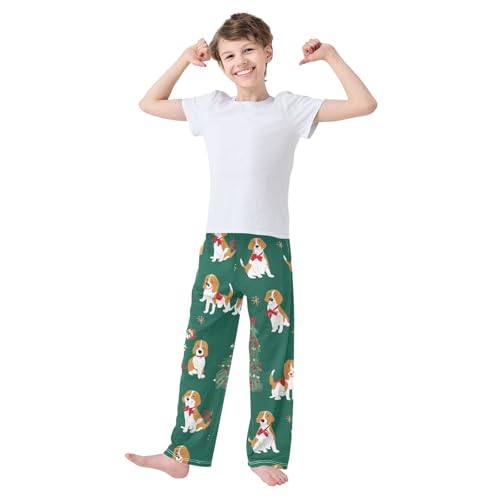 ZZXXB Xmas Beagle and Tree Boys Long Pants Soft Trousers Elastic Waist Kids Lounge Bottoms with Pockets S-XL3
