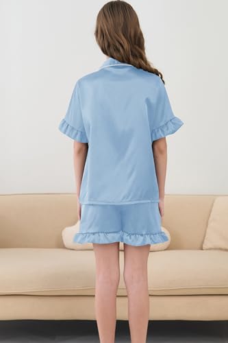 Summer Satin Pajama 2 Pieces Ruffles Sleeve Shorts Loung Sets Button Down Sleepwear for Teen Girls with Pockets2