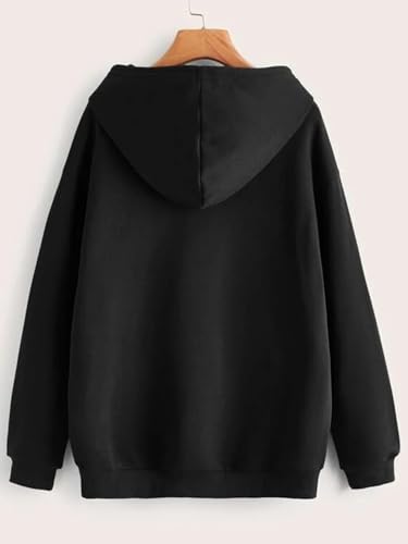 Image of JUNEBERRY Cotton Poly Fleece Oversized Fit Black, Green, Magenta, Mustard, Orange, Purple, Blue, Off White & Grey Graphic Printed Full Sleeve Hoodie for Women